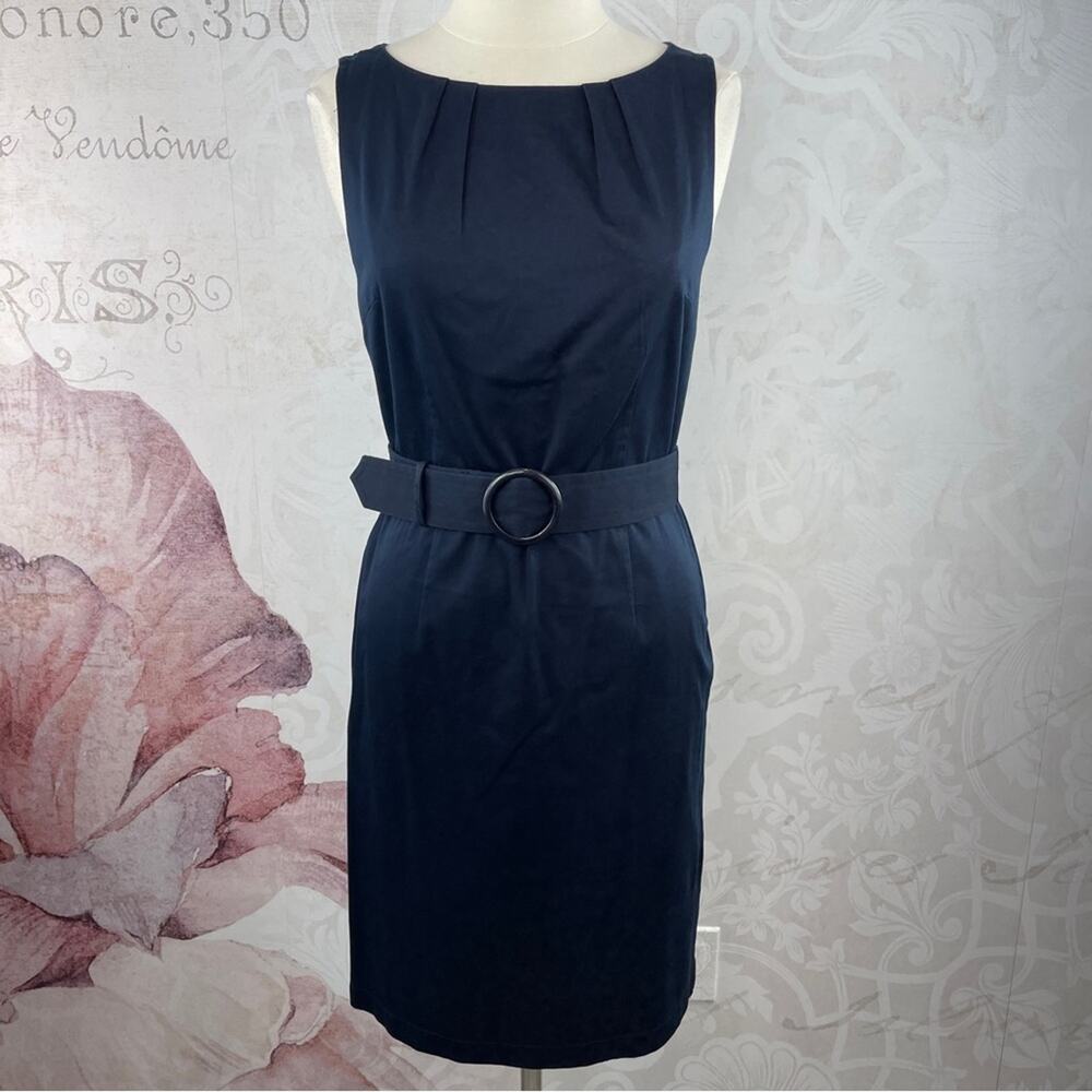 Ann Taylor Navy Blue Sheath Dress with Belt Pleated Classic Size 10